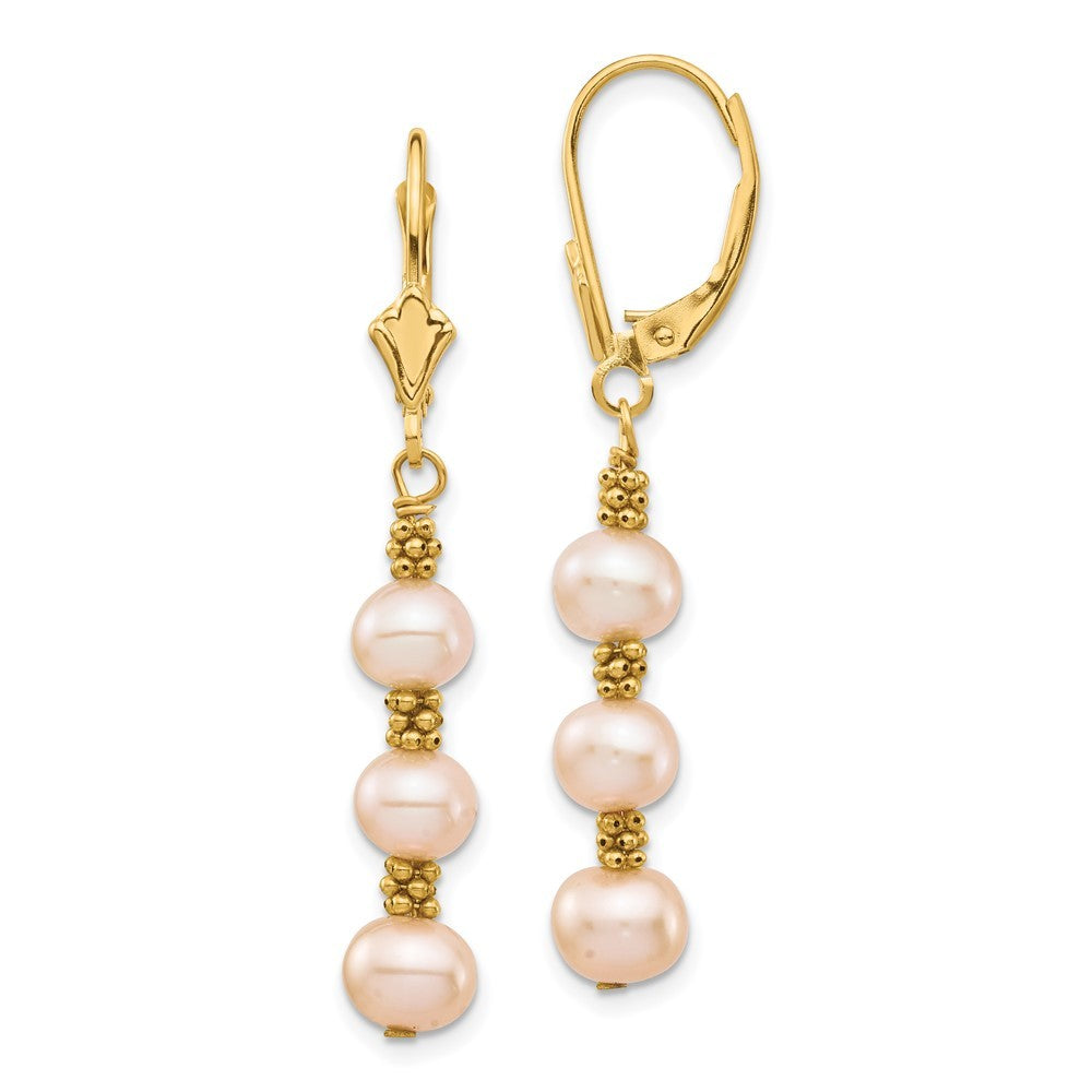 14k Yellow Gold 5-6mm Pink Semi-Round Freshwater Cultured Pearl Dangle Earrings