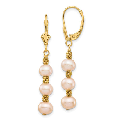 14k Yellow Gold 5-6mm Pink Semi-Round Freshwater Cultured Pearl Dangle Earrings
