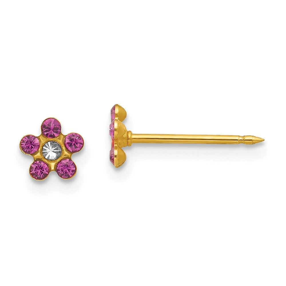 14k Yellow Gold February Purple Crystal Birthstone Flower Stud Earrings