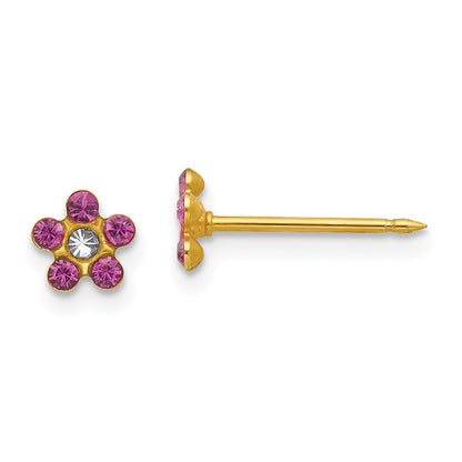 14k Yellow Gold February Purple Crystal Birthstone Flower Stud Earrings