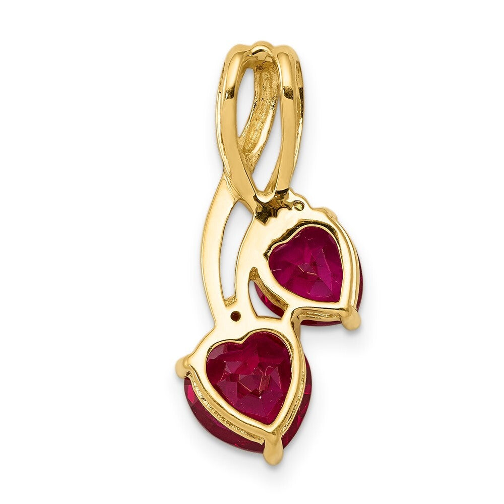 14k Yellow Gold Lab Created Ruby and Diamond Double Heart Pendant for Women