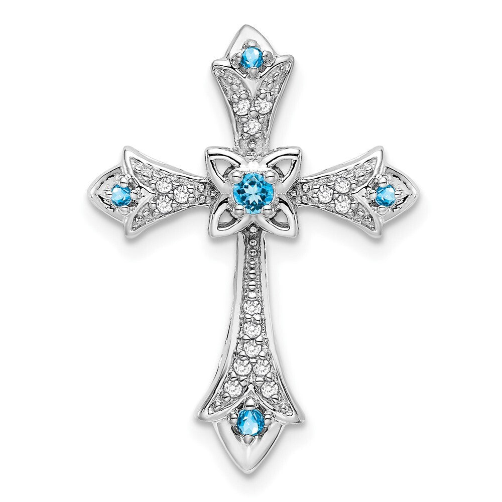 14k White Gold Blue Topaz and Diamond Fleur de Lis Cross Chain Slide Pendant