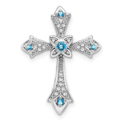 14k White Gold Blue Topaz and Diamond Fleur de Lis Cross Chain Slide Pendant