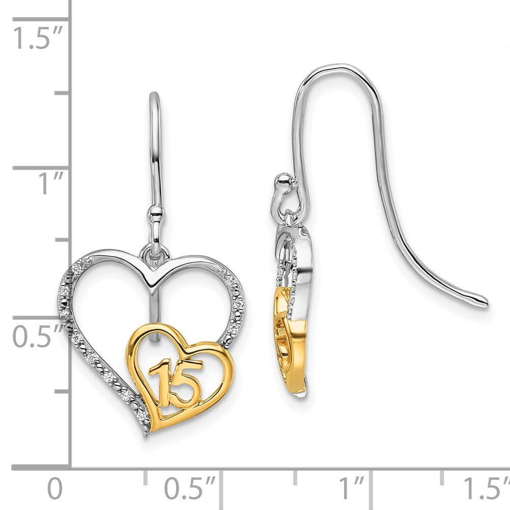 14K Two-Tone Gold Polished Diamond Quinceanera Heart Dangle Earrings