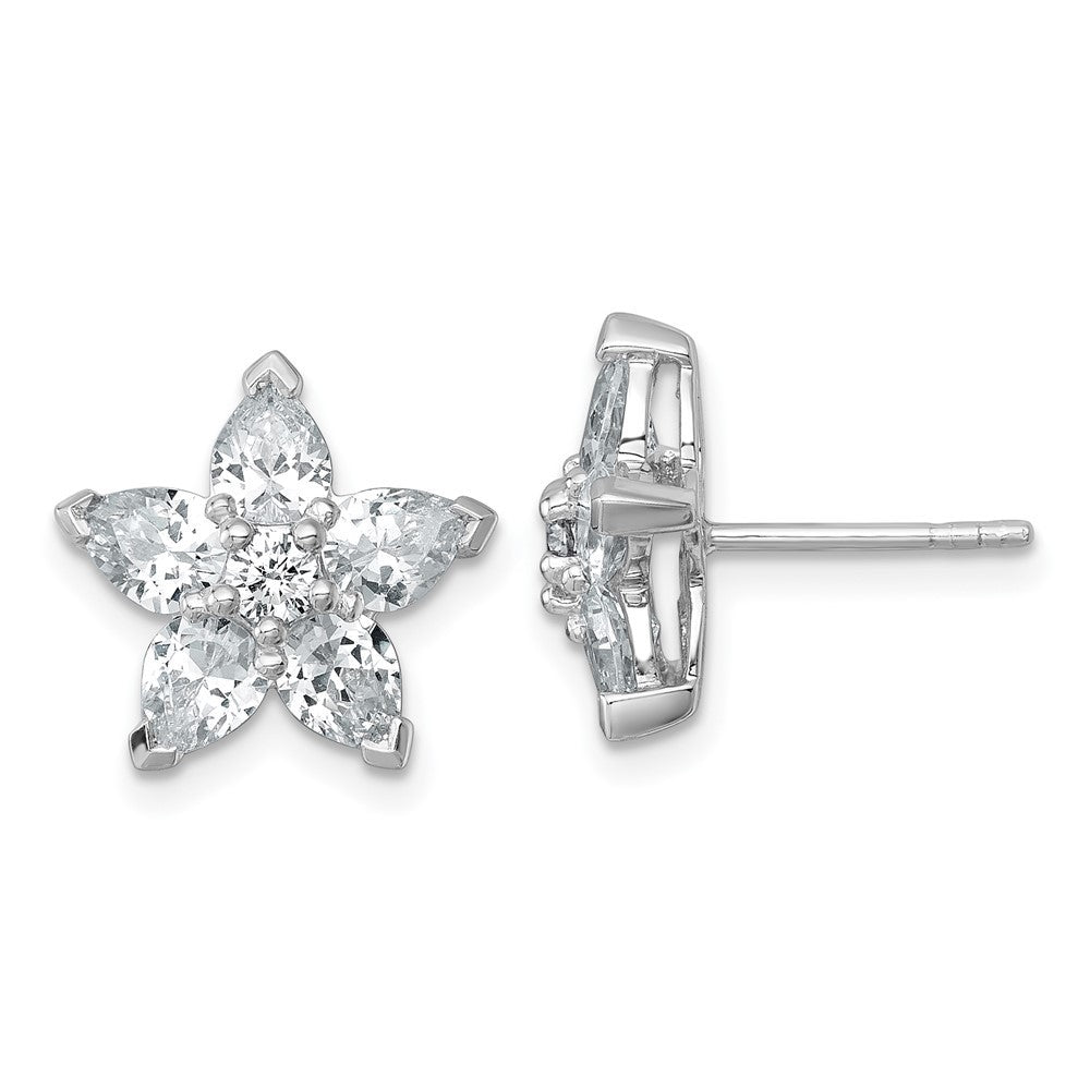 Sterling Silver Rhodium-plated Polished Round and Pear CZ Flower Earrings