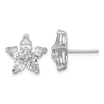 Sterling Silver Rhodium-plated Polished Round and Pear CZ Flower Earrings