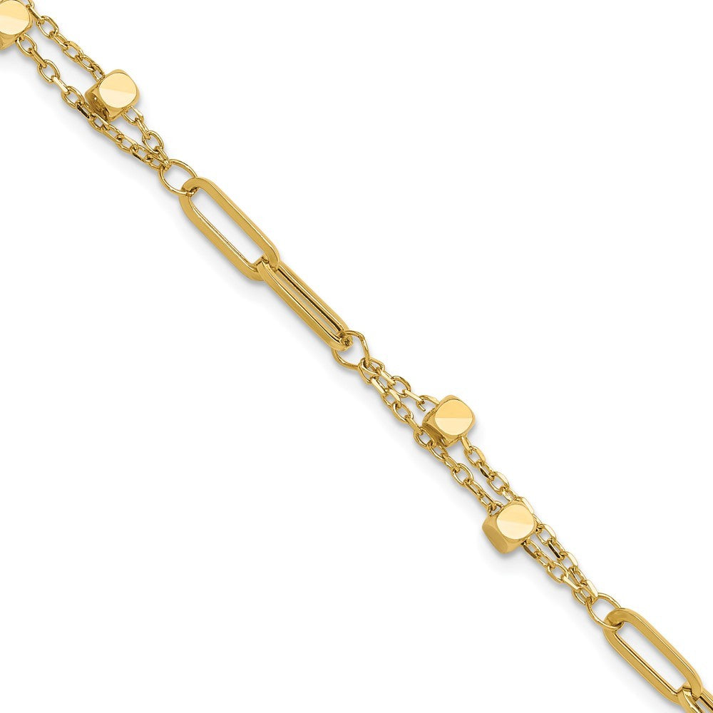 14k Yellow Gold  Square Beads and Paperclip Link 7" Bracelet Plus 0.5" Extender