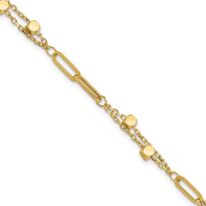 14k Yellow Gold  Square Beads and Paperclip Link 7" Bracelet Plus 0.5" Extender