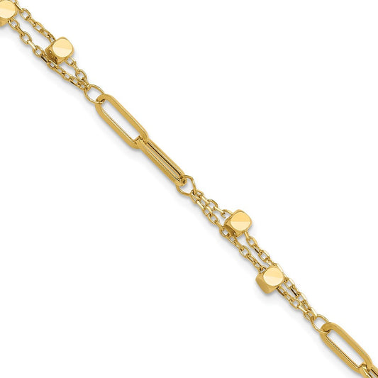 14k Yellow Gold  Square Beads and Paperclip Link 7" Bracelet Plus 0.5" Extender