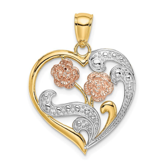 14k Two-tone Gold  White Rhodium Flower Heart Charm Pendant for Women