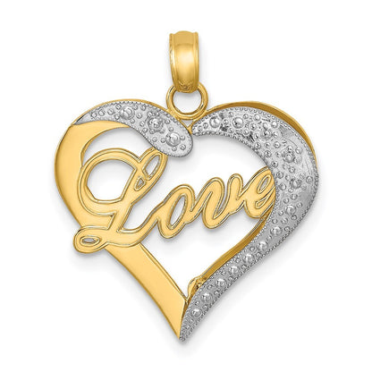 14k Yellow Gold with White Rhodium Heart Diamond-cut LOVE Charm Pendant