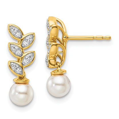 14k Yellow Gold Polished Diamond and Pearl Leaf Dangle Earrings