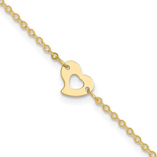 14k Yellow Gold Polished Cut-out Heart 10" Anklet