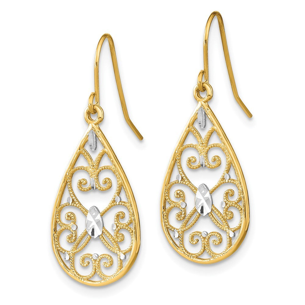 14k Yellow Gold w/Rhodium Diamond-Cut Fancy Dangle Wire Earrings