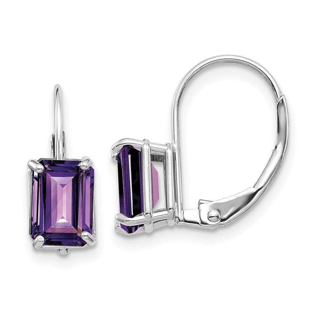 14k White Gold 7x5mm Emerald Cut Amethyst Leverback Earrings Gift for Women