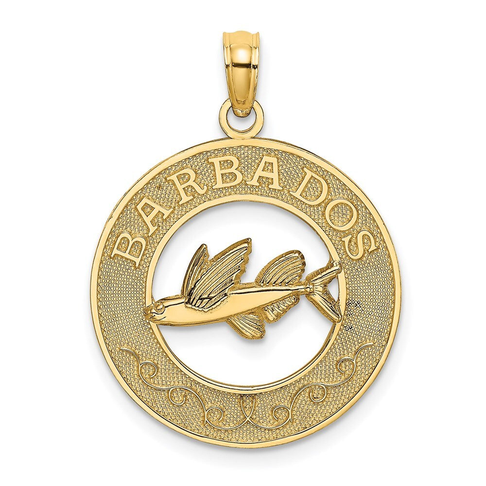 14k Yellow Gold BARBADOS Flying Fish Circle Charm Pendant for Women
