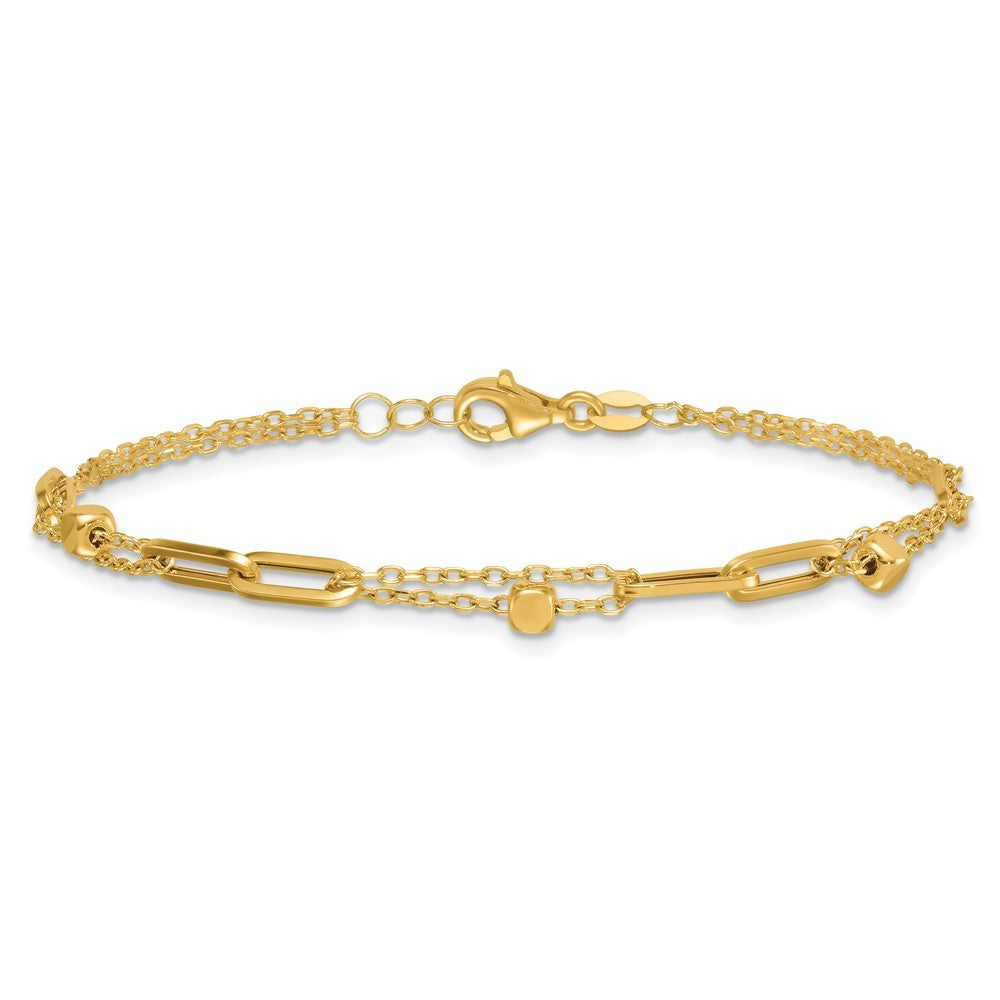 14k Yellow Gold  and Beaded 2-Strand with Fancy Paperclip Link 7.5" Bracelet