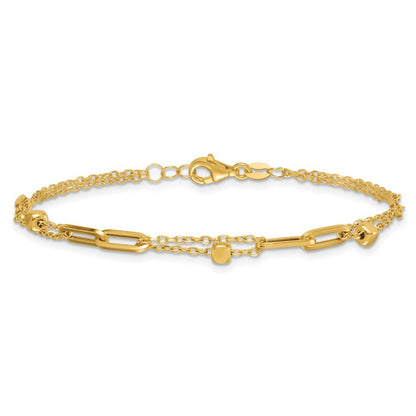 14k Yellow Gold  and Beaded 2-Strand with Fancy Paperclip Link 7.5" Bracelet
