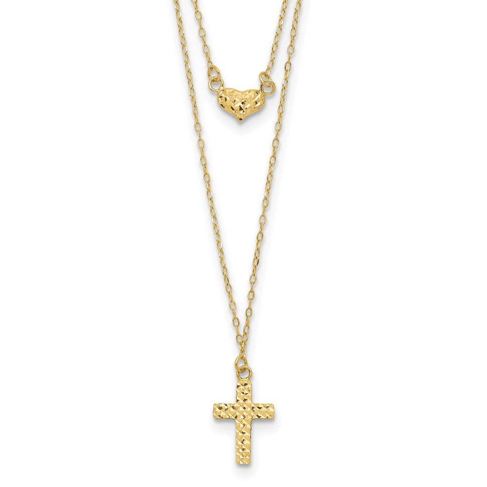 14k Yellow Gold Polished 2-Strand Diamond-Cut Cross & Heart w/2in. Ext. Necklace