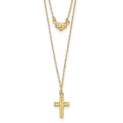 14k Yellow Gold Polished 2-Strand Diamond-Cut Cross & Heart w/2in. Ext. Necklace