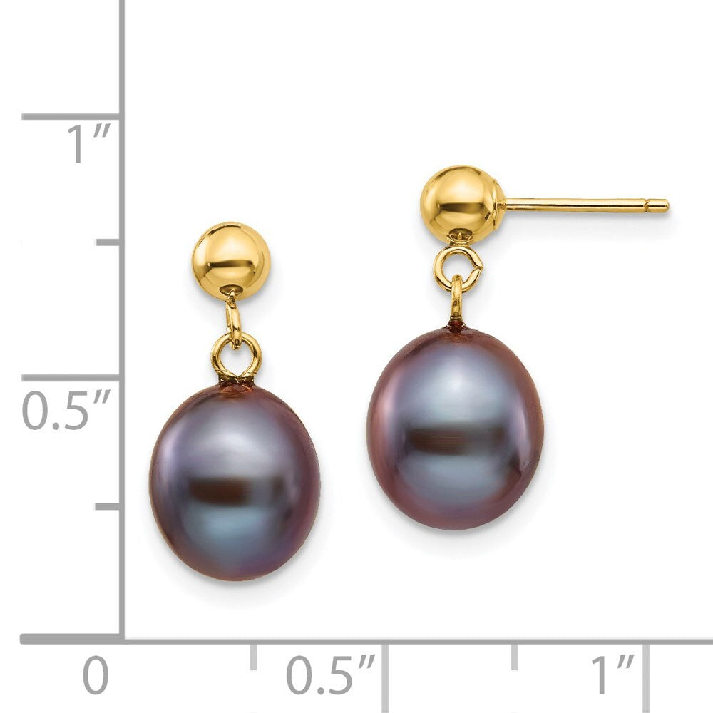14k Yellow Gold 8-9mm Black Rice Freshwater Cultured Pearl Dangle Earrings