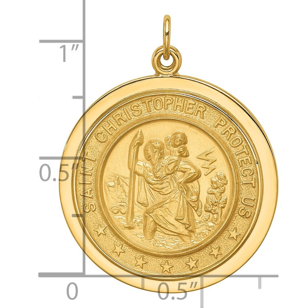 14k Yellow Gold Solid Polished Satin Medium Round Disc St. Christopher Medal