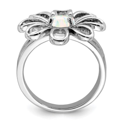 Sterling Silver Rhodium-plated lab Created Opal Flower Ring Size 7