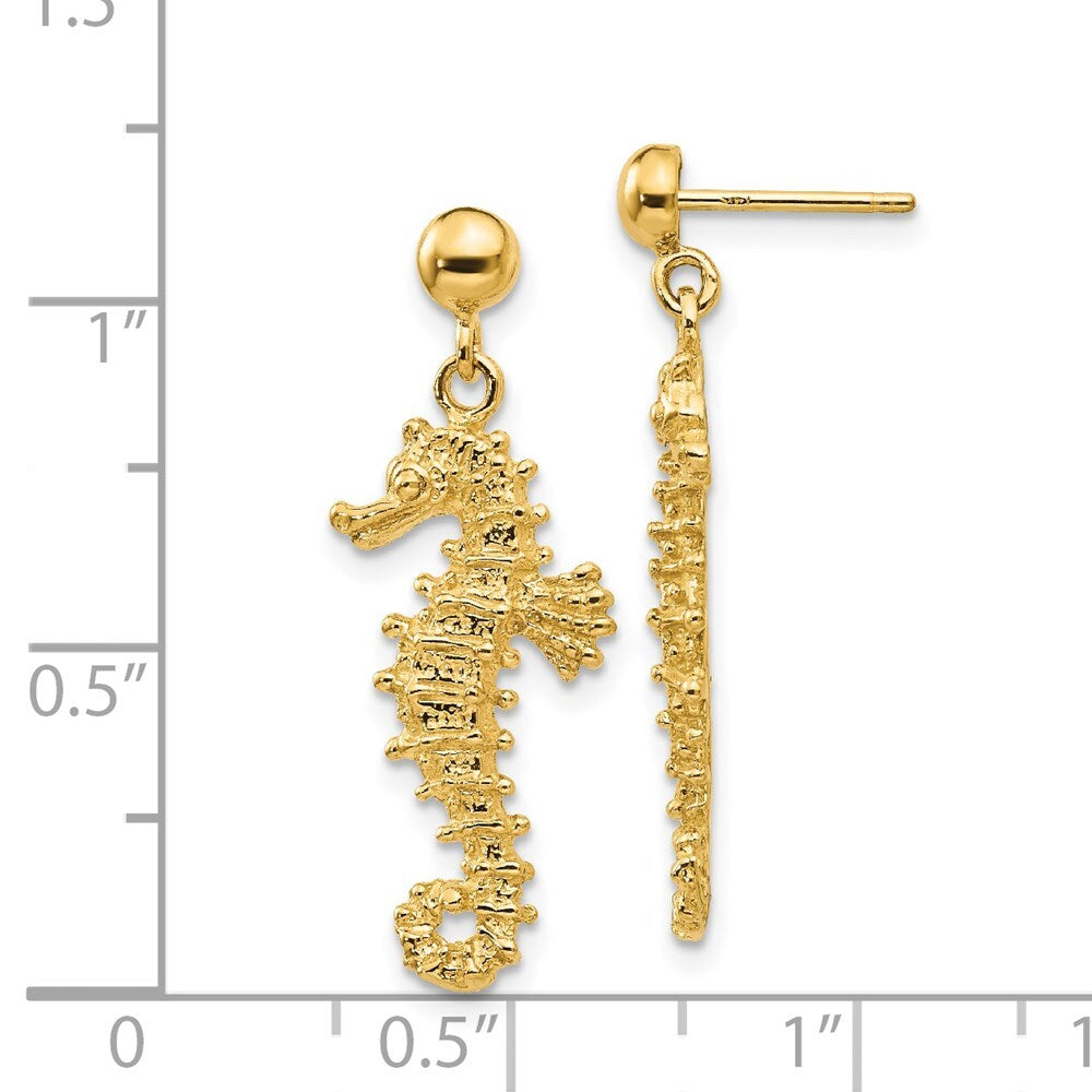14k Yellow Gold Large Seahorse Dangle Post Earrings