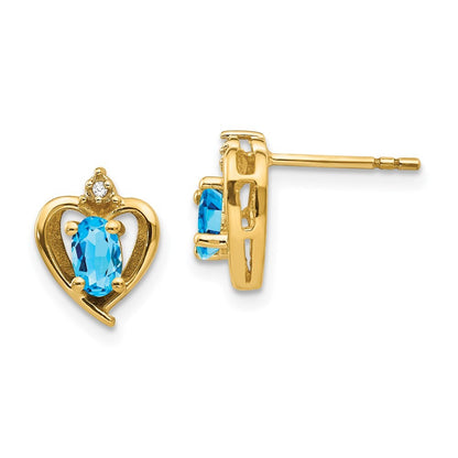 14k Yellow Gold Blue Topaz and Diamond Heart Stud Earrings Gift for Women
