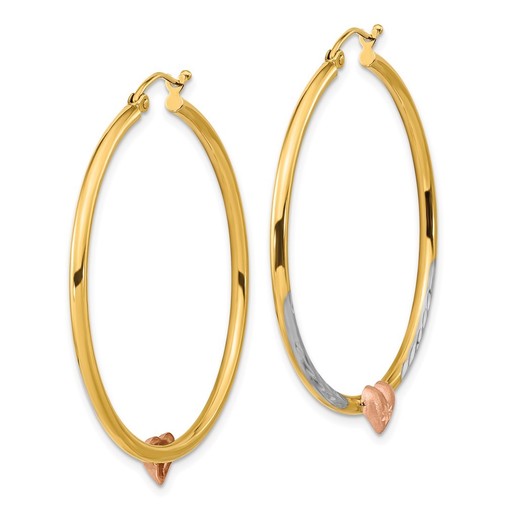 14k Two-tone with White Rhodium Diamond-Cut Heart Hoop Earrings