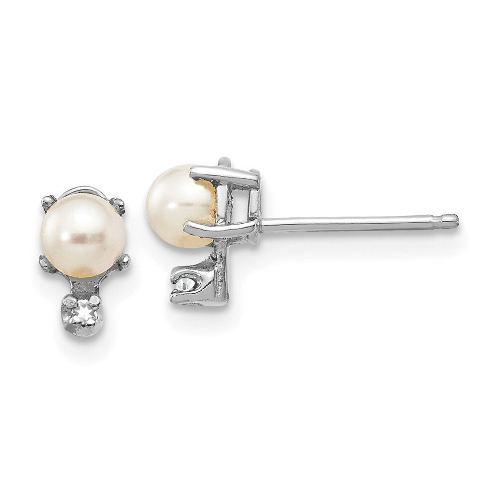 14K White Gold Diamond and FW Cultured Pearl Birthstone Stud Earrings