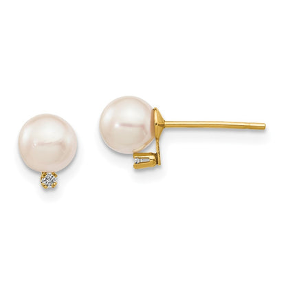 14k Yellow Gold 5mm Akoya Saltwater Cultured Pearl and Diamond Stud Earrings