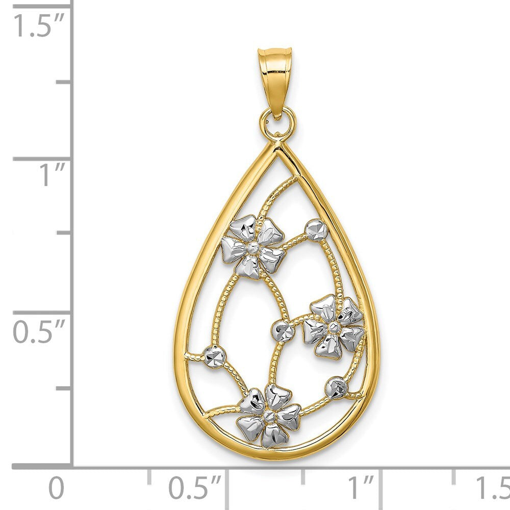 14k Yellow Gold White Rhodium Flowers In Teardrop Frame Charm