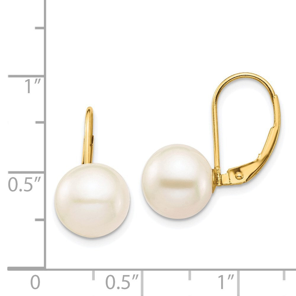 14k Yellow Gold 9-10mm White Round Freshwater Cultured Pearl Leverback Earrings