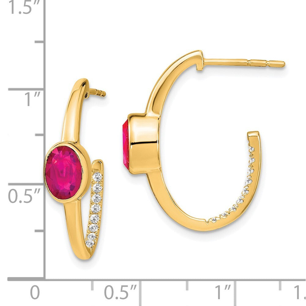 14k Yellow Gold Oval Created Ruby and Diamond J-Hoop Earrings