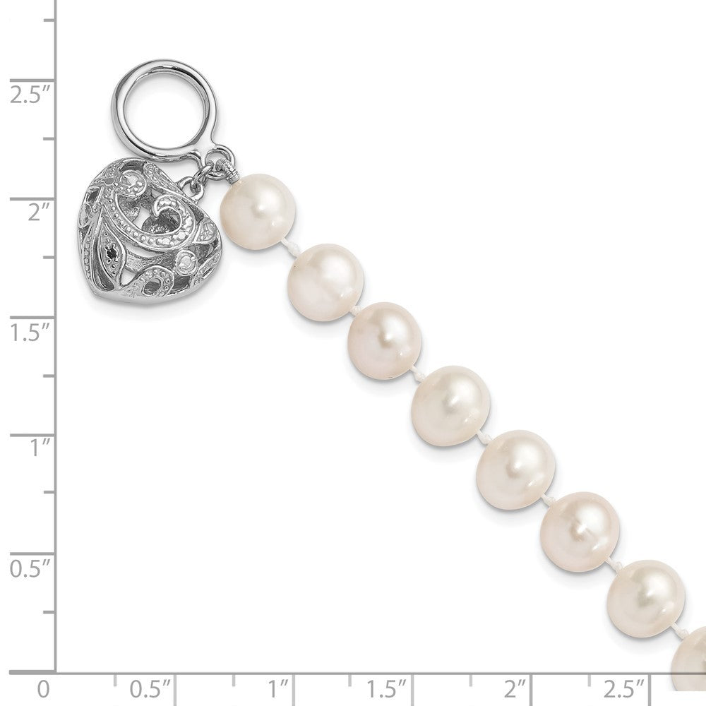 Sterling Silver 8-9mm White Near-Round Cultured Pearl Heart Toggle 7.5" Bracelet