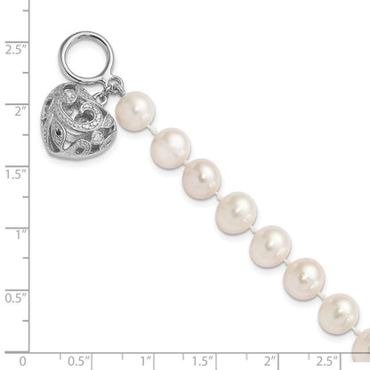 Sterling Silver 8-9mm White Near-Round Cultured Pearl Heart Toggle 7.5" Bracelet