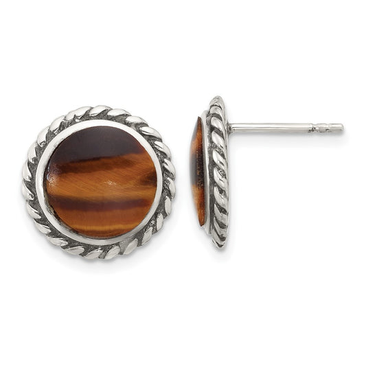 Sterling Silver Polished & Oxidized Twisted Edge Tiger's Eye Earrings