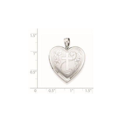 Sterling Silver Rhodium-plated 24mm Diamond-cut Cross Heart Locket