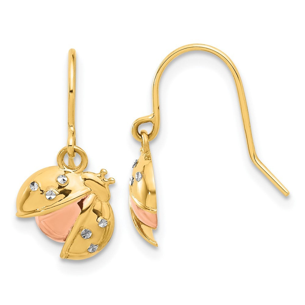 14k Yellow Gold w/Rose and White Rhodium Diamond-Cut Ladybug Dangle Earrings
