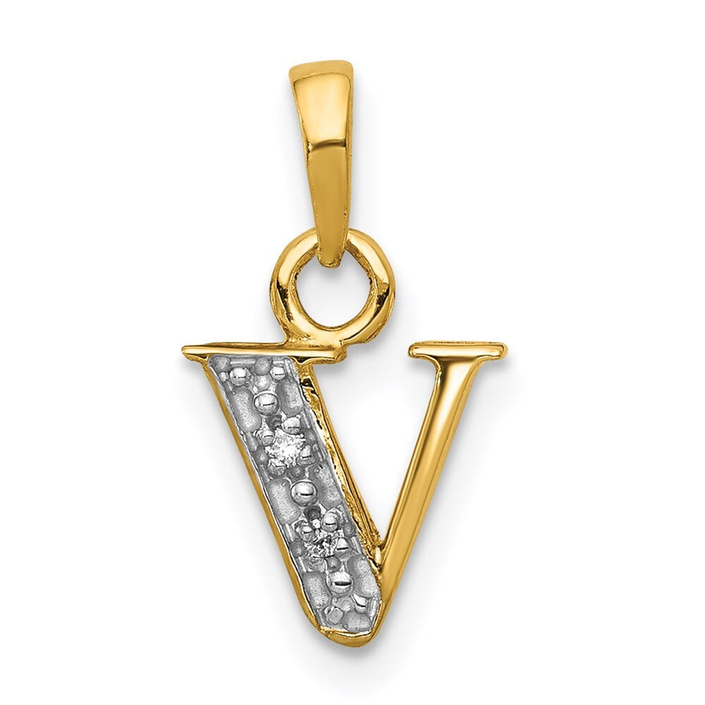 14k Yellow Gold with Rhodium Diamond Letter V Initial Pendant for Women
