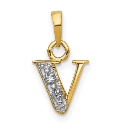 14k Yellow Gold with Rhodium Diamond Letter V Initial Pendant for Women