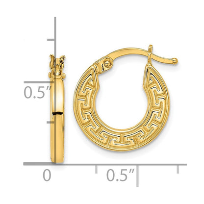 14k Yellow Gold Polished Hollow Greek Key Hoop Earrings Gift for Women