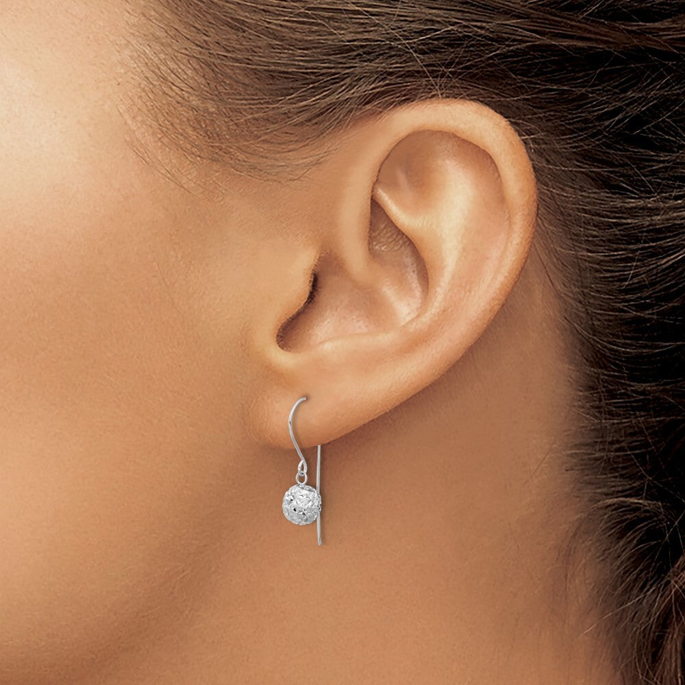 14K White Gold 6mm Diamond Cut Ball Dangle Earrings Gift for Women