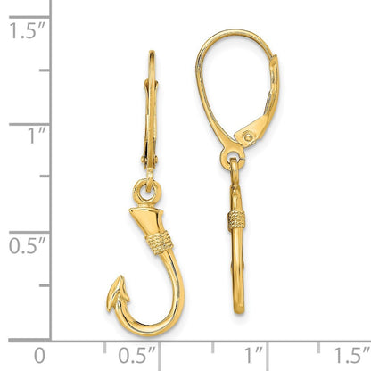 14k Yellow Gold 3-D Fish Hook Dangle Earrings Leverback Gift for Women