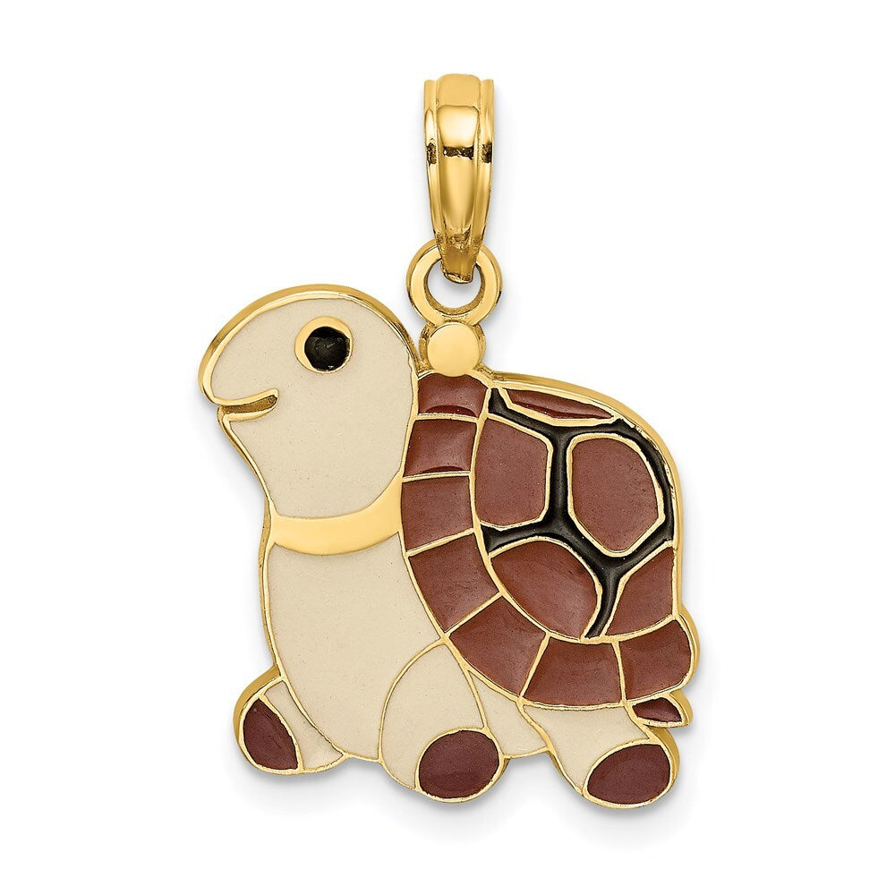 14k Yellow Gold Brown, Tan and Black Enamel Turtle Charm Pendant for Women