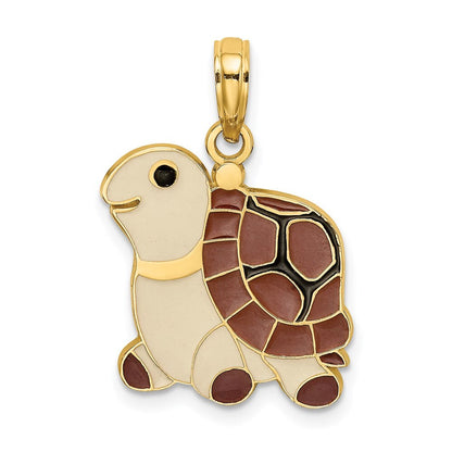 14k Yellow Gold Brown, Tan and Black Enamel Turtle Charm Pendant for Women