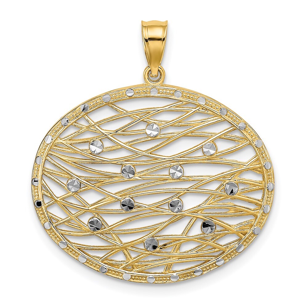 14k Yellow Gold Rhodium Diamond-Cut Oval Cut-Out Charm Pendant for Women