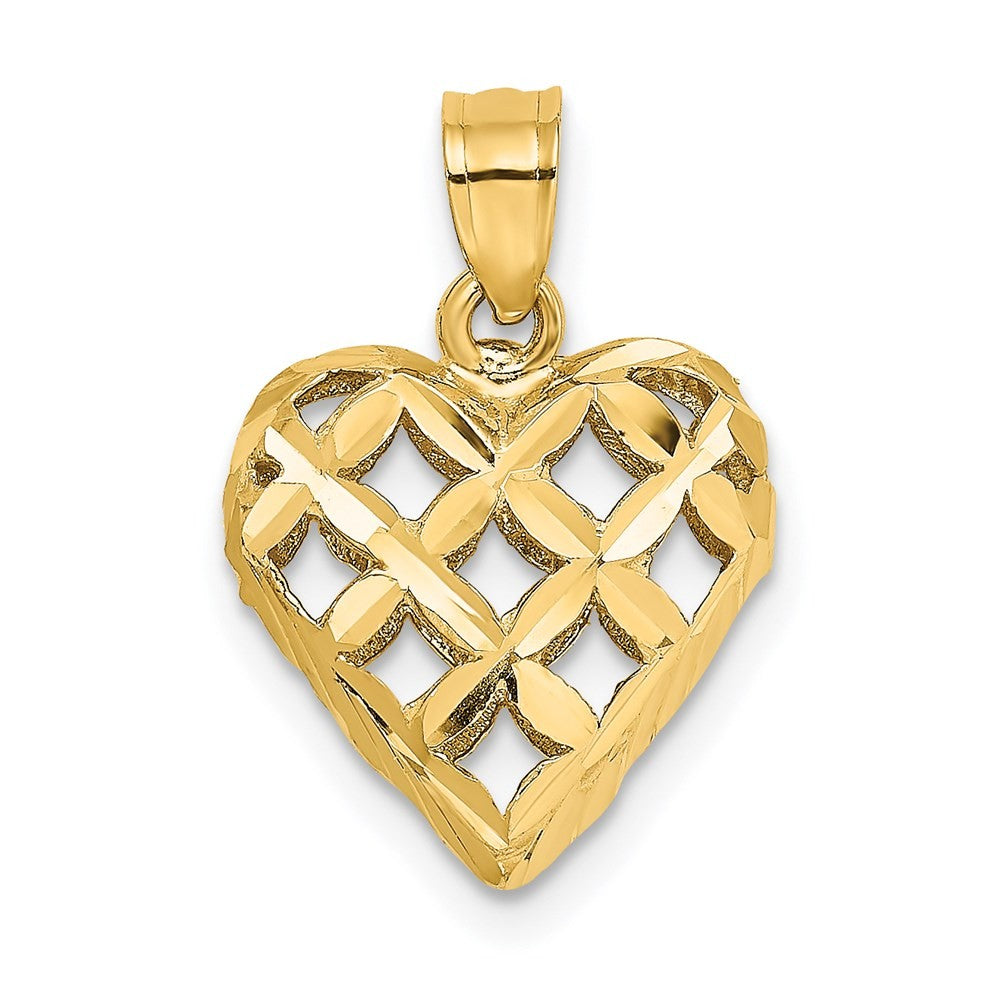 14k Yellow Gold 3-D Diamond-cut Lattice Filigree Puffed Heart Charm