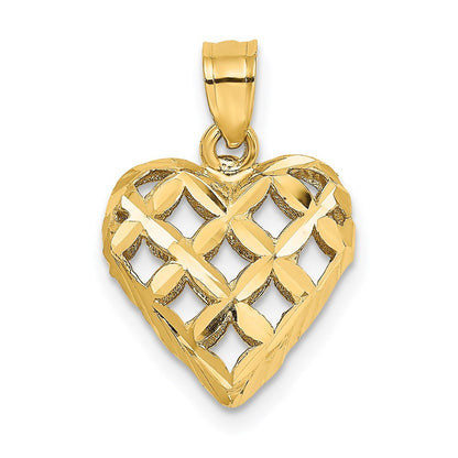 14k Yellow Gold 3-D Diamond-cut Lattice Filigree Puffed Heart Charm